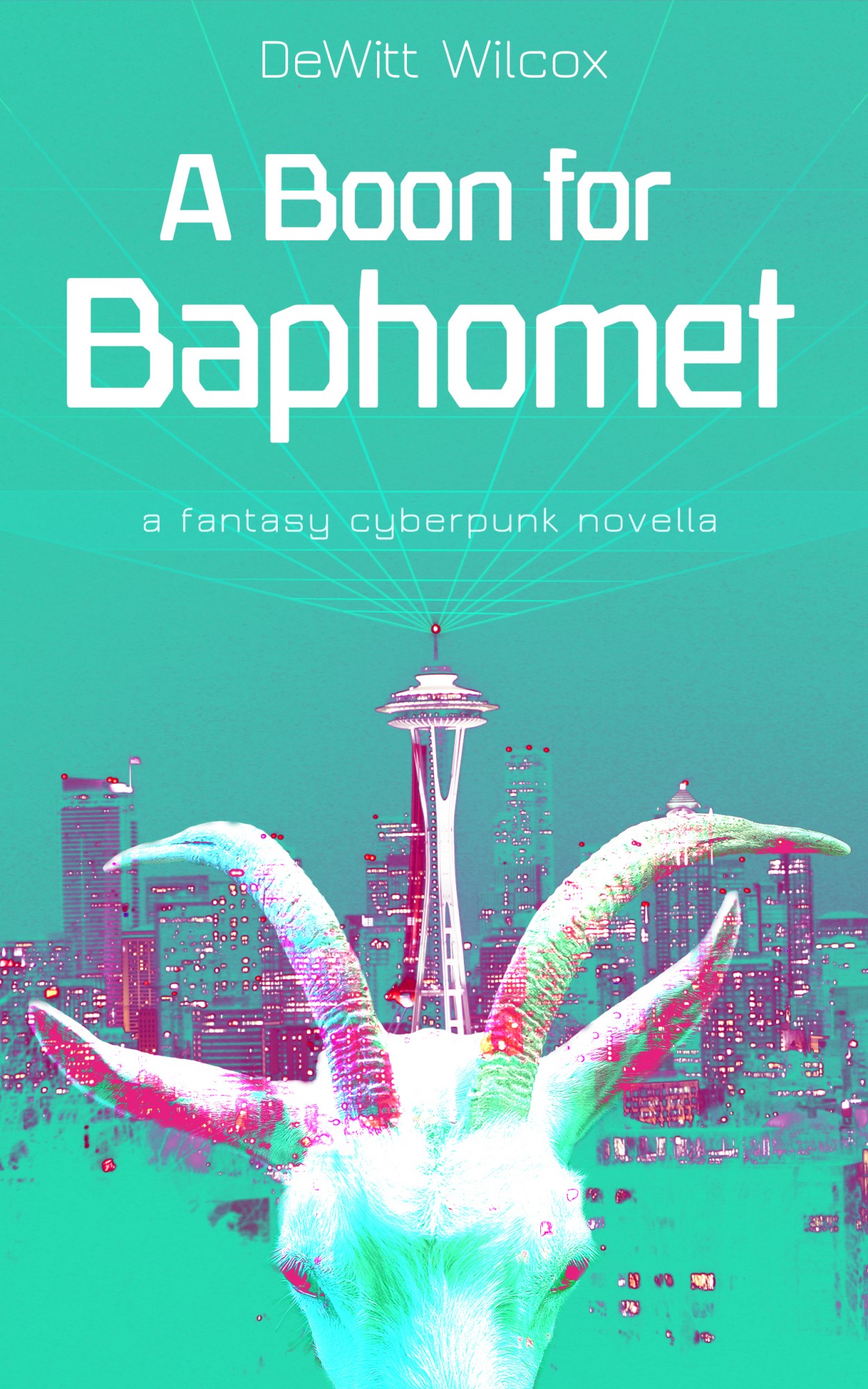 Cover image, with the Seattle cityscape and a goats head with a cyberpunk matrix grid above it